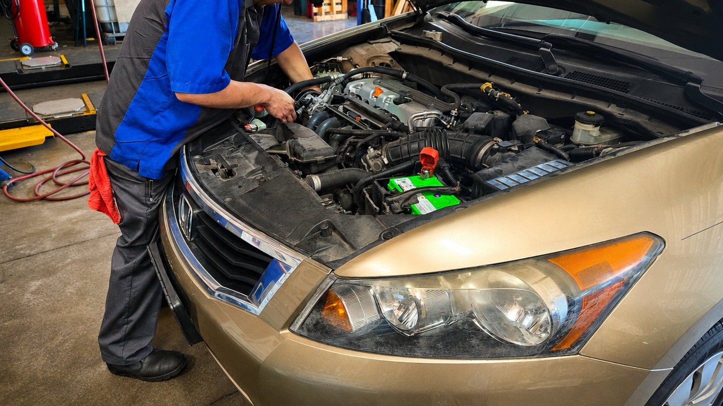 Technician inspecting the engine of a sedan with the hood up during a pre-trip check at Auto Care USA Briar Forest in Houston, TX