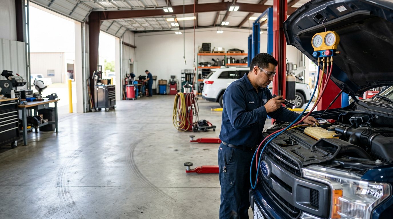 Technician checking AC refrigerant pressures with manifold gauges on a truck at Auto Care USA Rosenberg, TX