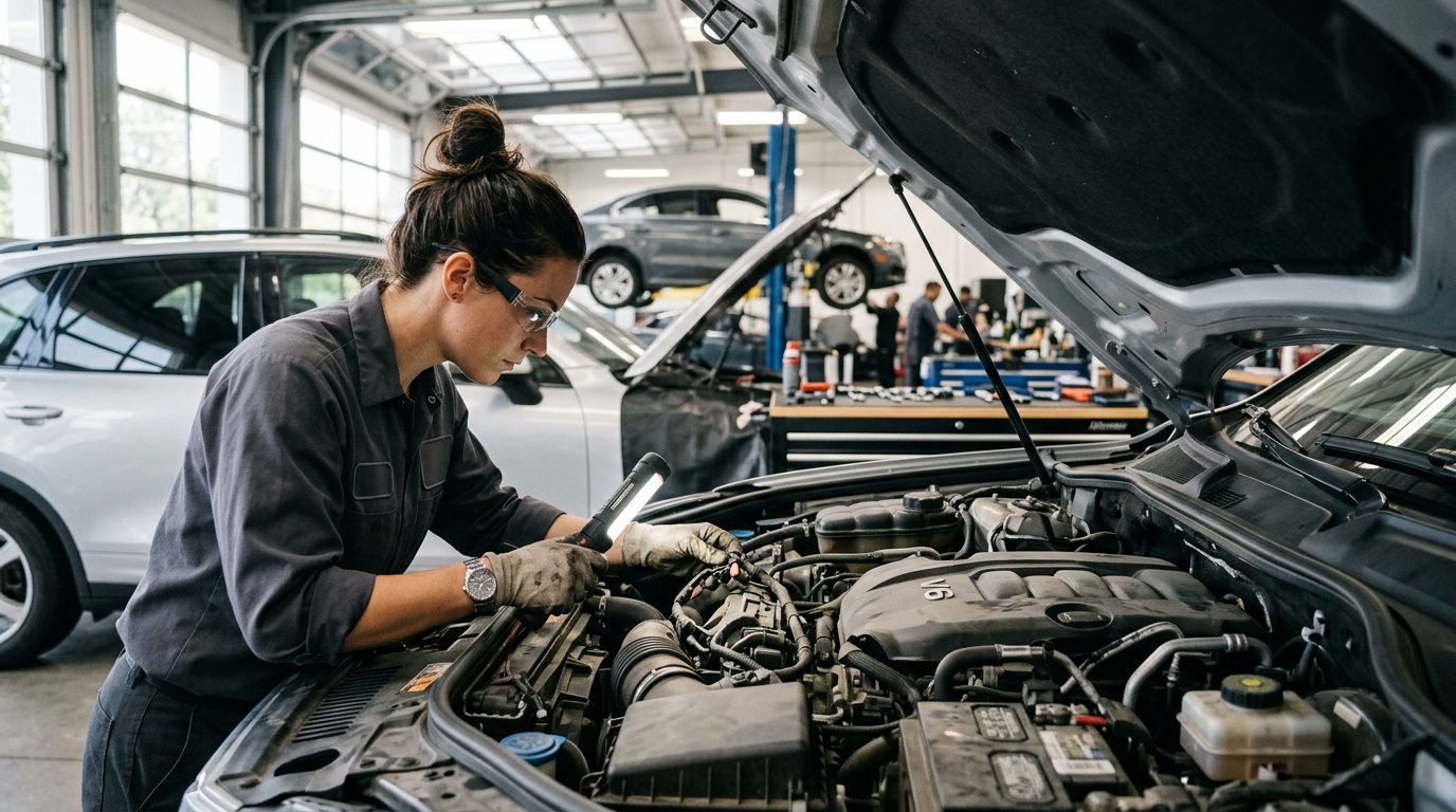 Technician inspecting a V6 engine bay with a work light during fall maintenance at Auto Care USA Spring, TX