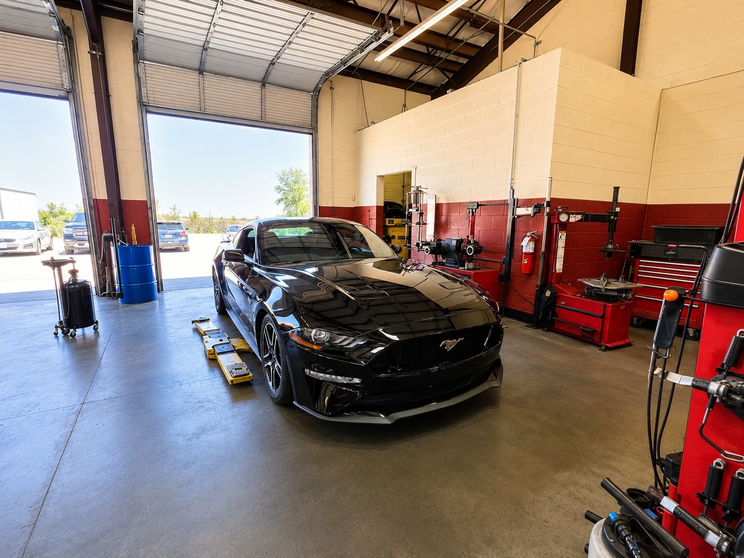 Ford Mustang in a service bay at Auto Care USA in Spring, TX